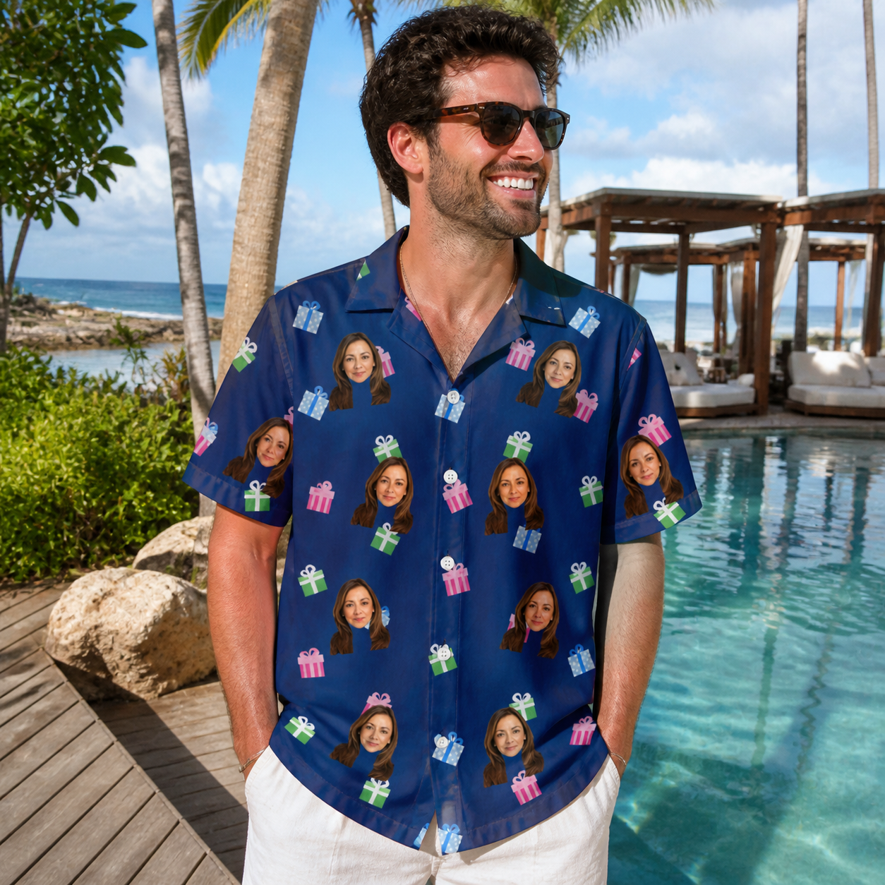 Real-life photo of someone wearing Men's Boxed Bliss Custom Face Hawaiian Shirt — custom faces printed all-over