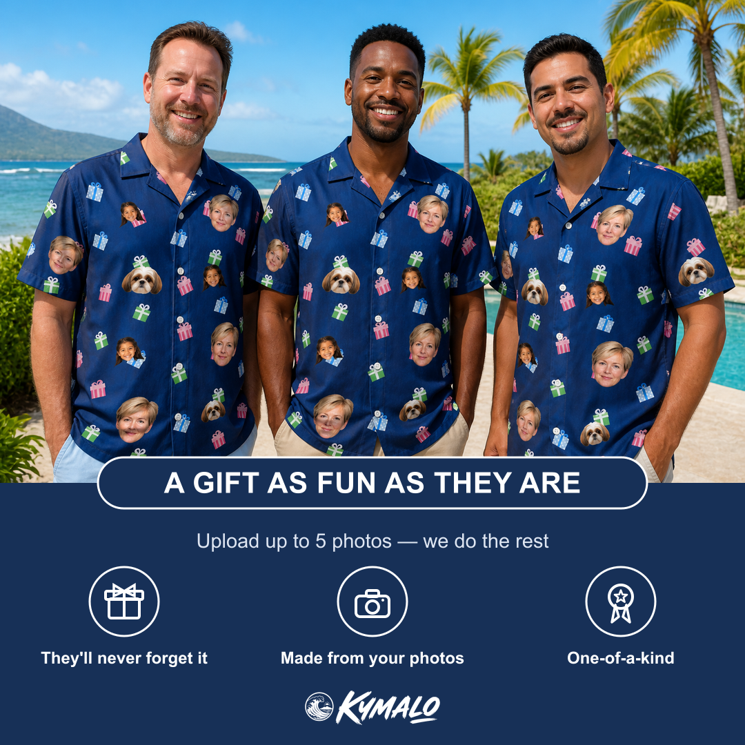 Friends in matching Men's Boxed Bliss Custom Face Hawaiian Shirt — a group gift photo