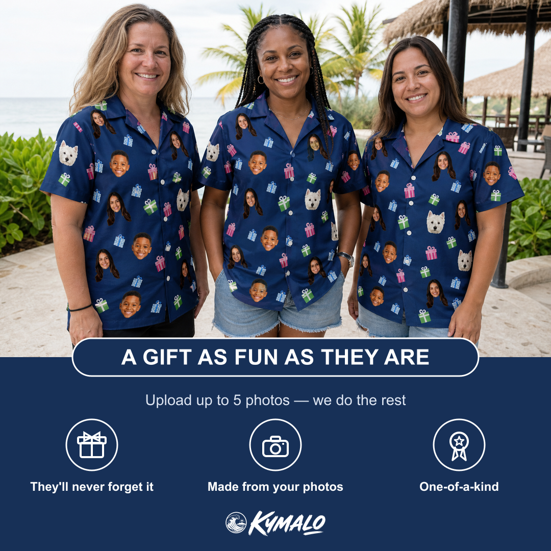 Friends in matching Women's Boxed Bliss Custom Face Hawaiian Shirt — a group gift photo