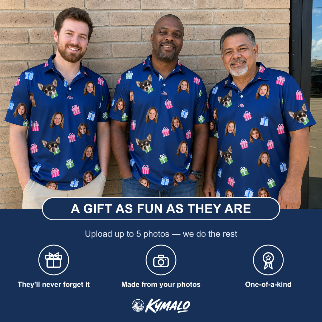 Friends in matching Men's Boxed Bliss Custom Face Polo Shirt — a group gift photo