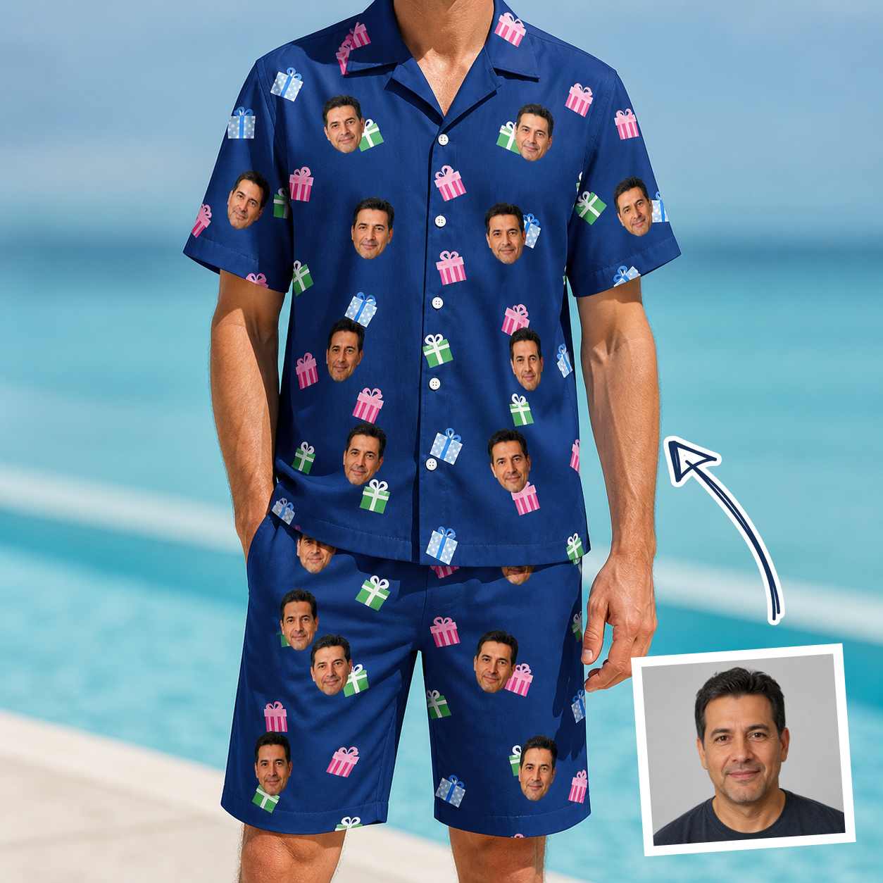Man wearing Men's Boxed Bliss Custom Face Shirt & Shorts Set — custom faces printed all-over