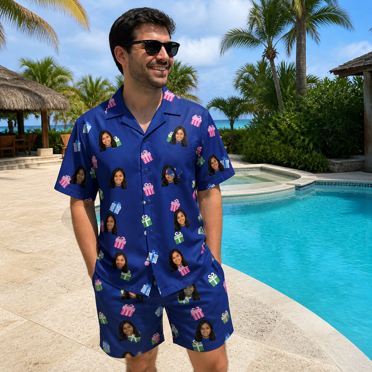 Real-life photo of someone wearing Men's Boxed Bliss Custom Face Shirt & Shorts Set — custom faces printed all-over