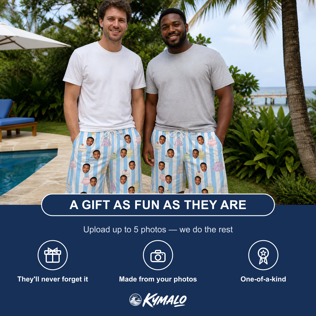 Friends in matching Men's Icing Illusion Custom Face Beach Shorts — a group gift photo