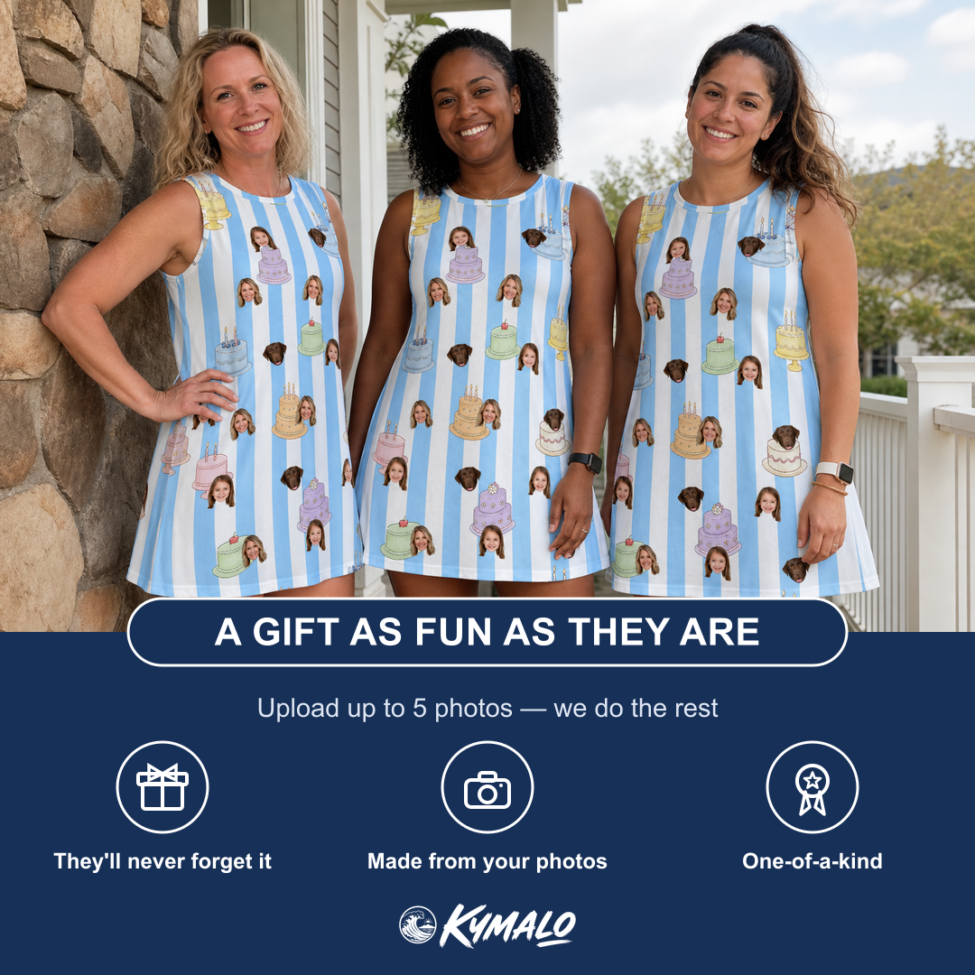 Friends in matching Women's Icing Illusion Custom Face Tank Dress — a group gift photo