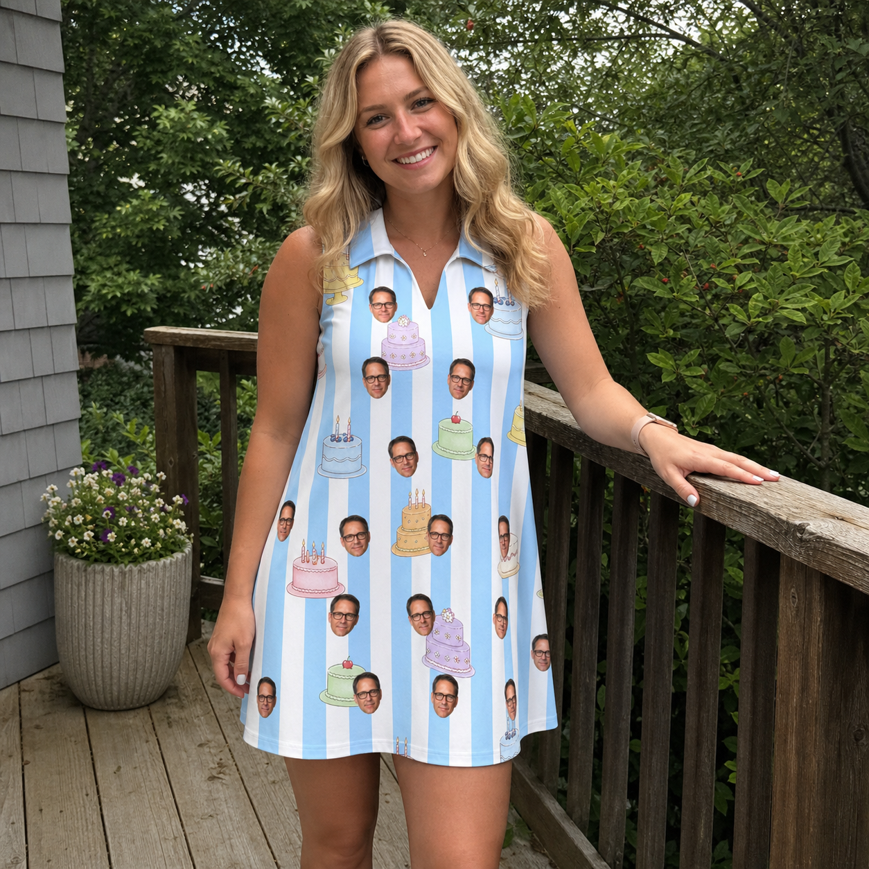 Real-life photo of someone wearing Women's Icing Illusion Custom Face V-Neck Dress — custom faces printed all-over