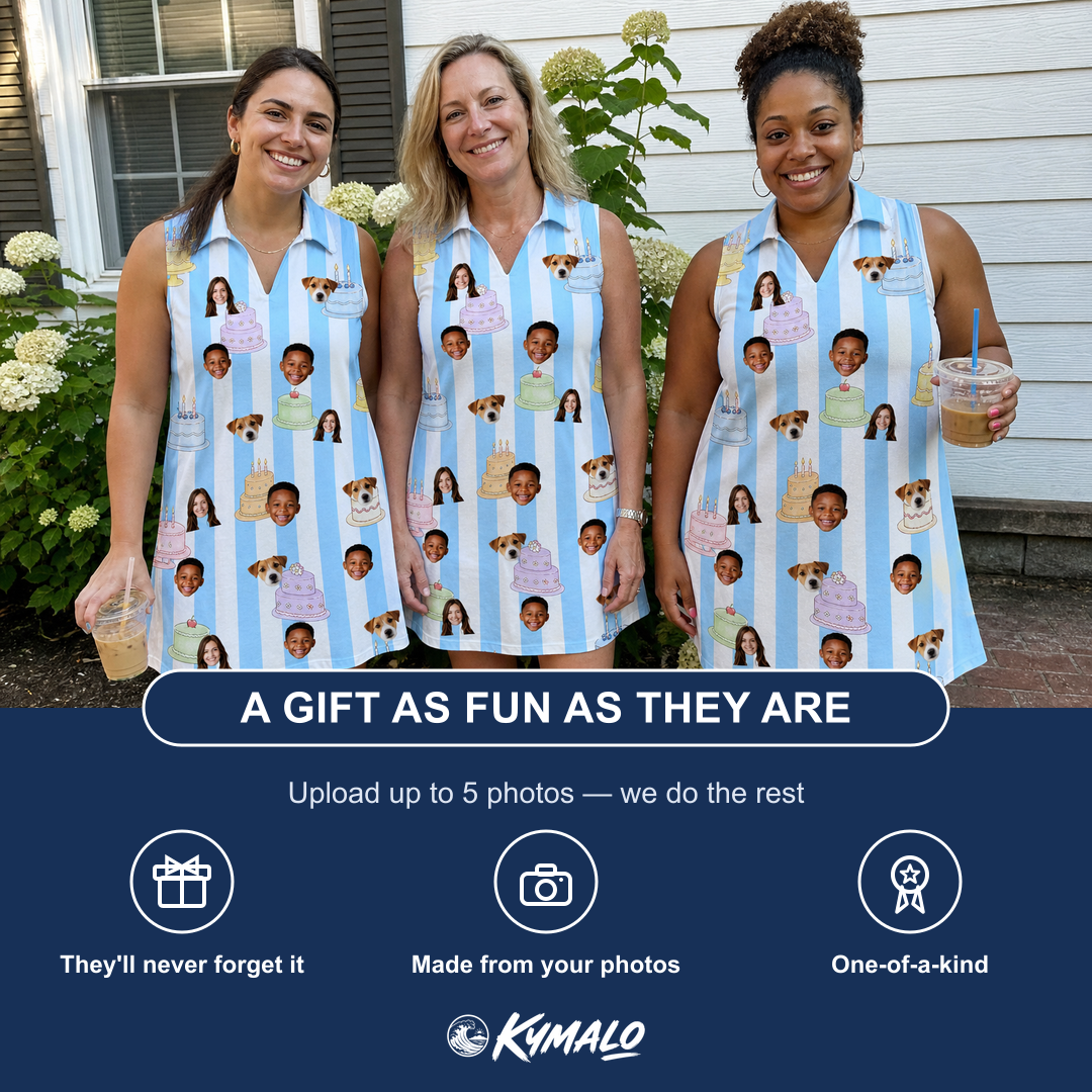 Friends in matching Women's Icing Illusion Custom Face V-Neck Dress — a group gift photo