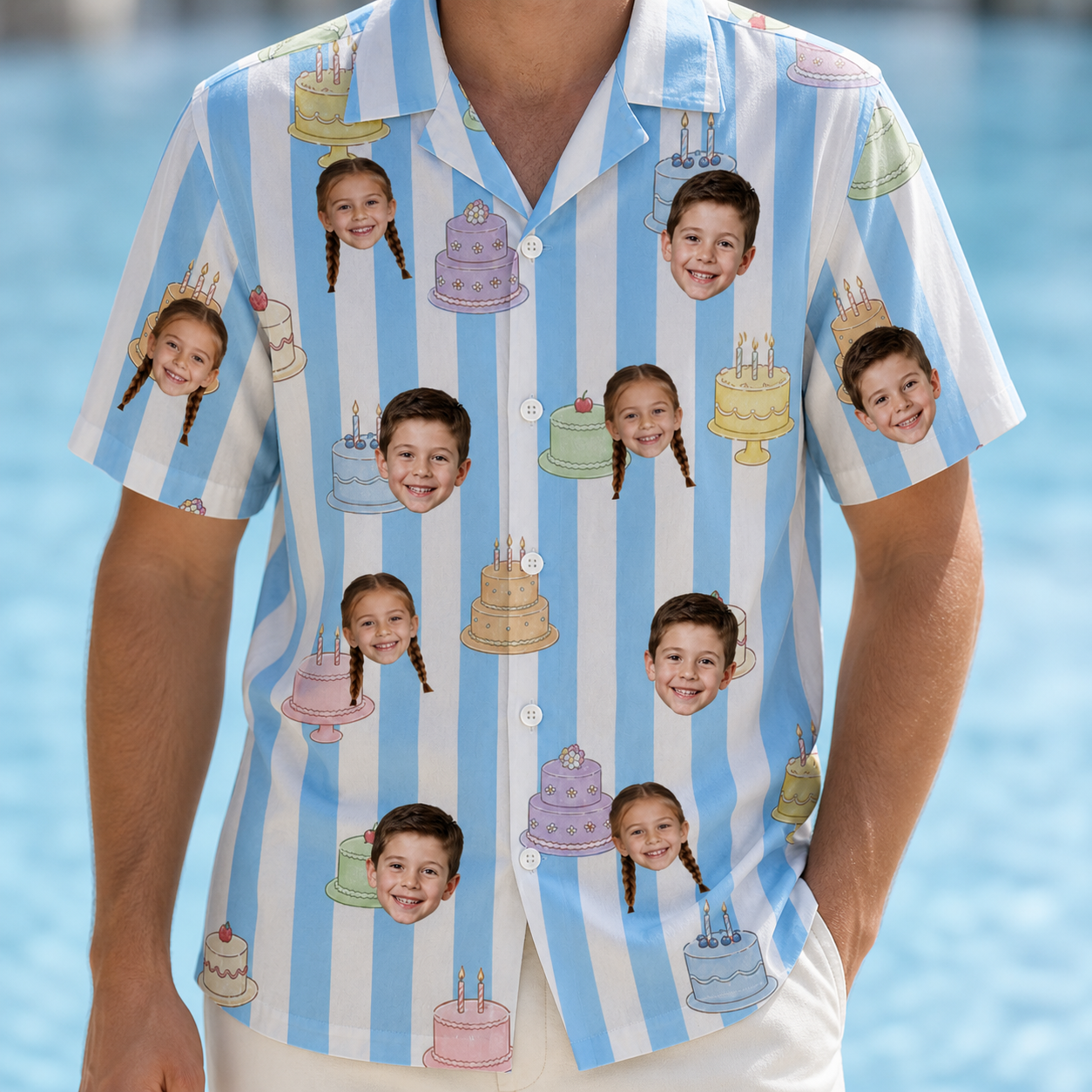 Model wearing Men's Icing Illusion Custom Face Hawaiian Shirt printed with kids' faces