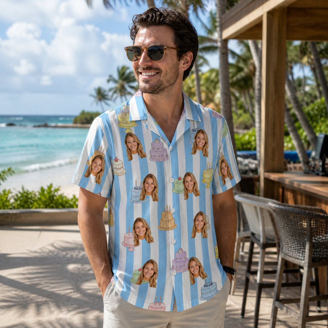 Real-life photo of someone wearing Men's Icing Illusion Custom Face Hawaiian Shirt — custom faces printed all-over