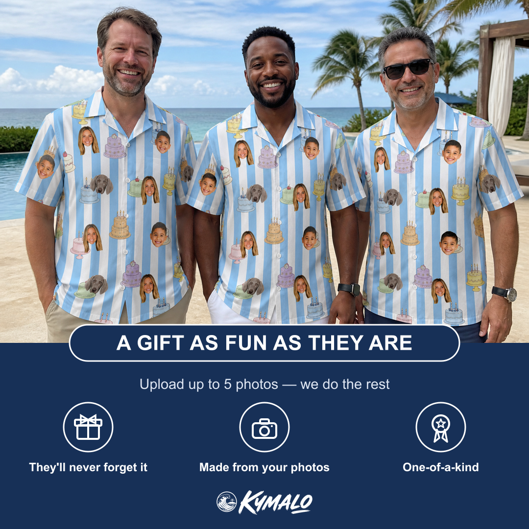Friends in matching Men's Icing Illusion Custom Face Hawaiian Shirt — a group gift photo