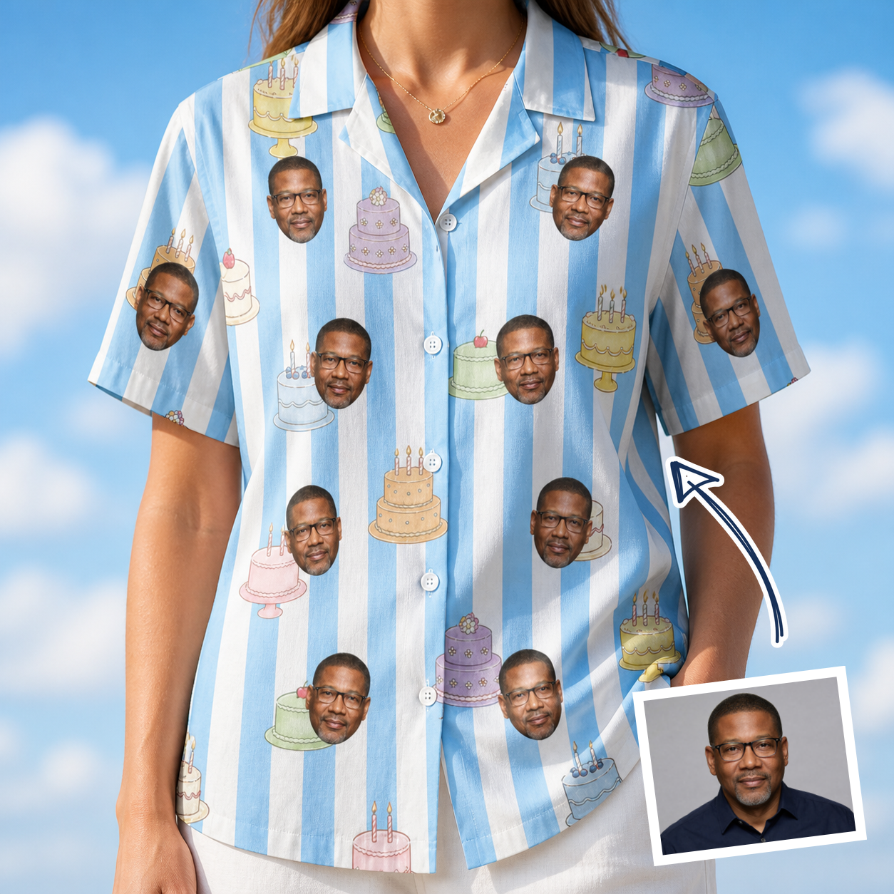 Woman wearing Women's Icing Illusion Custom Face Hawaiian Shirt — custom faces printed all-over