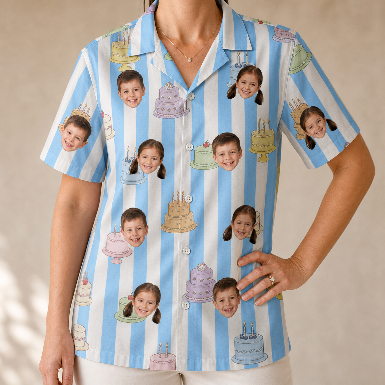 Model wearing Women's Icing Illusion Custom Face Hawaiian Shirt printed with kids' faces
