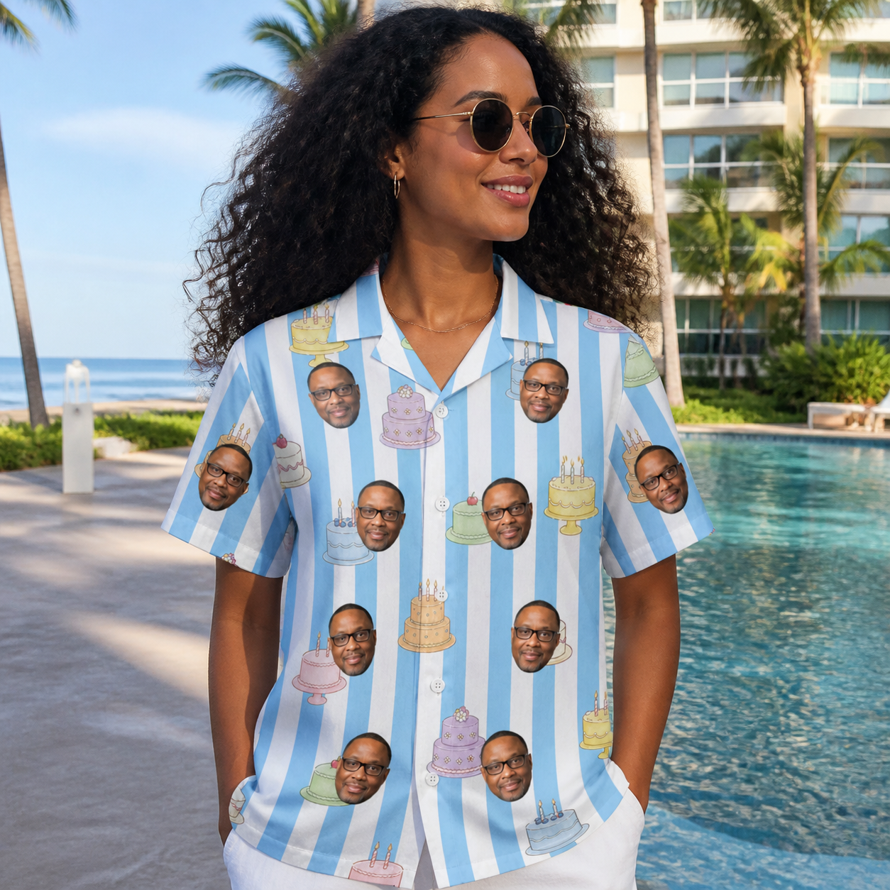 Real-life photo of someone wearing Women's Icing Illusion Custom Face Hawaiian Shirt — custom faces printed all-over