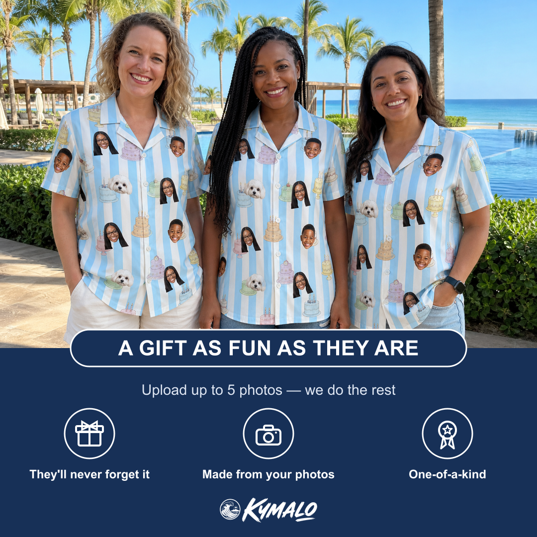 Friends in matching Women's Icing Illusion Custom Face Hawaiian Shirt — a group gift photo