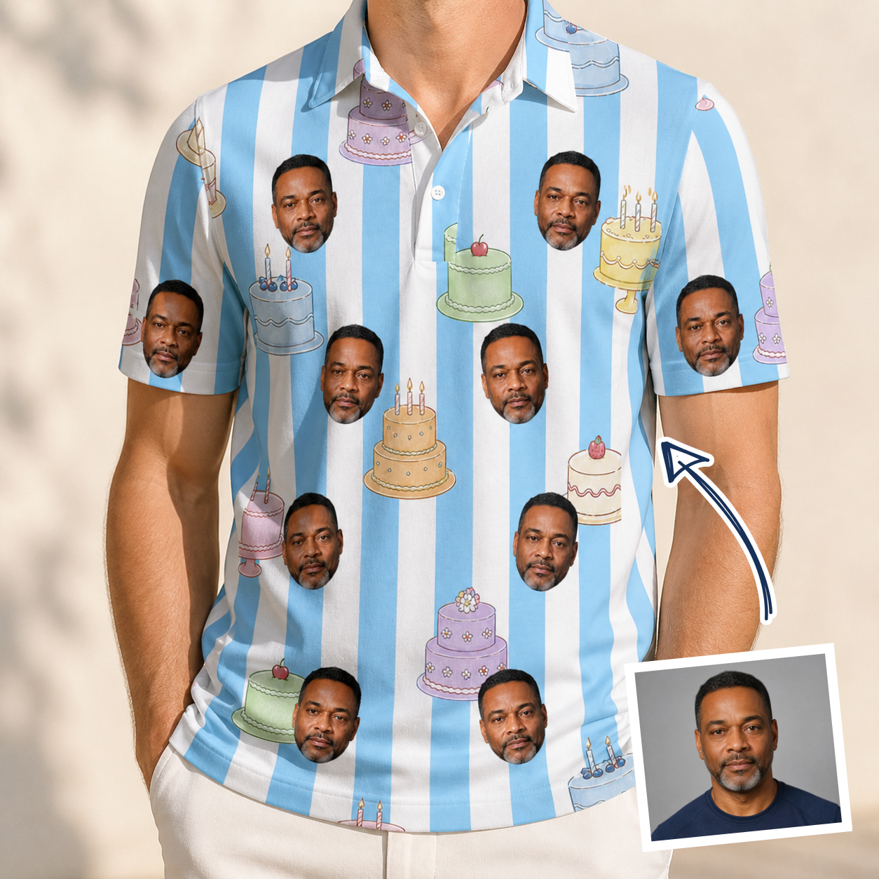 Man wearing Men's Icing Illusion Custom Face Polo Shirt — custom faces printed all-over