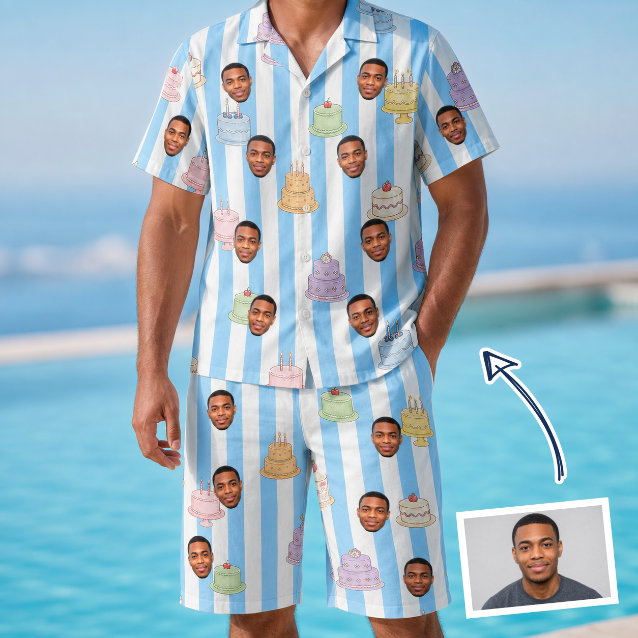 Man wearing Men's Icing Illusion Custom Face Shirt & Shorts Set — custom faces printed all-over
