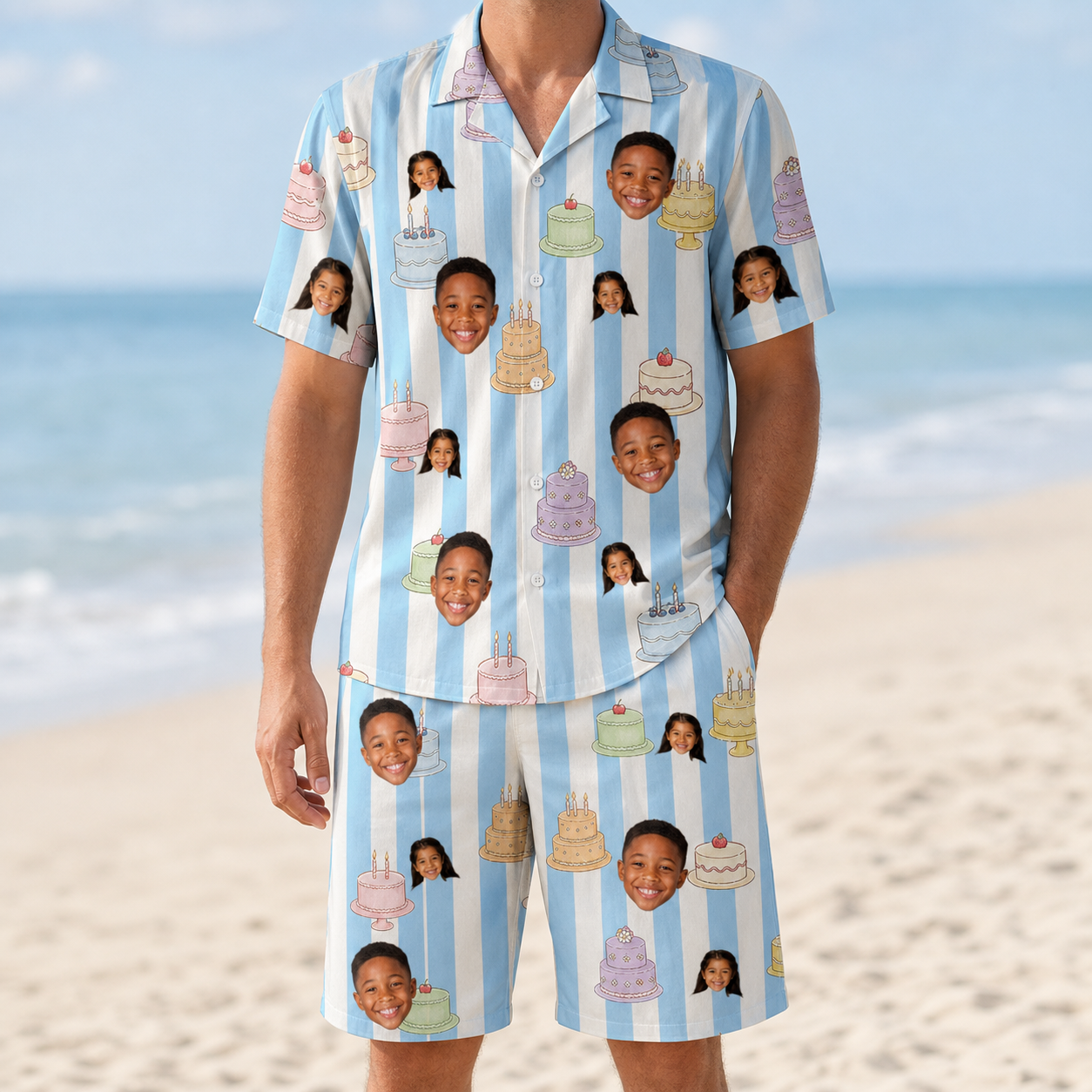Model wearing Men's Icing Illusion Custom Face Shirt & Shorts Set printed with kids' faces