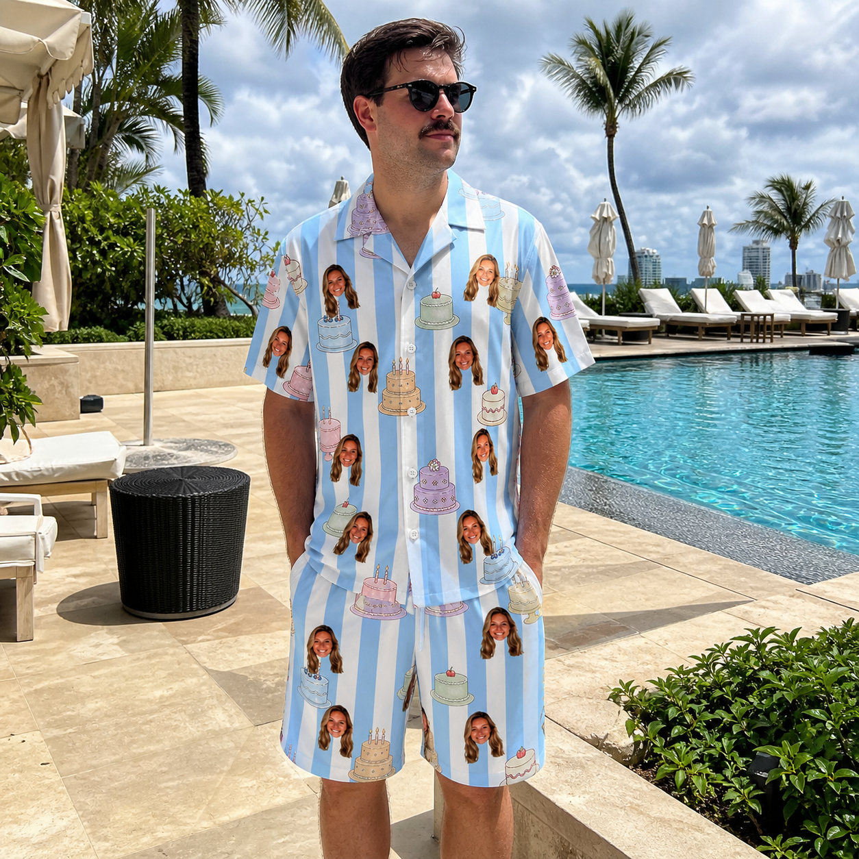 Real-life photo of someone wearing Men's Icing Illusion Custom Face Shirt & Shorts Set — custom faces printed all-over