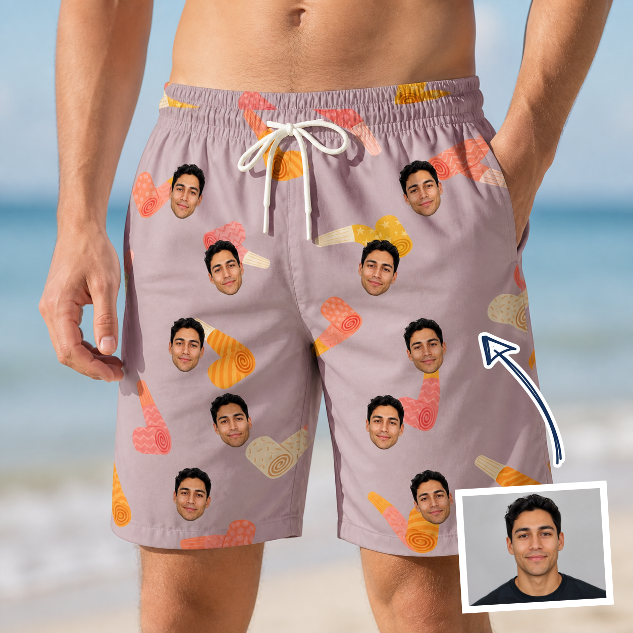 Man wearing Men's Toot Suite Custom Face Beach Shorts — custom faces printed all-over
