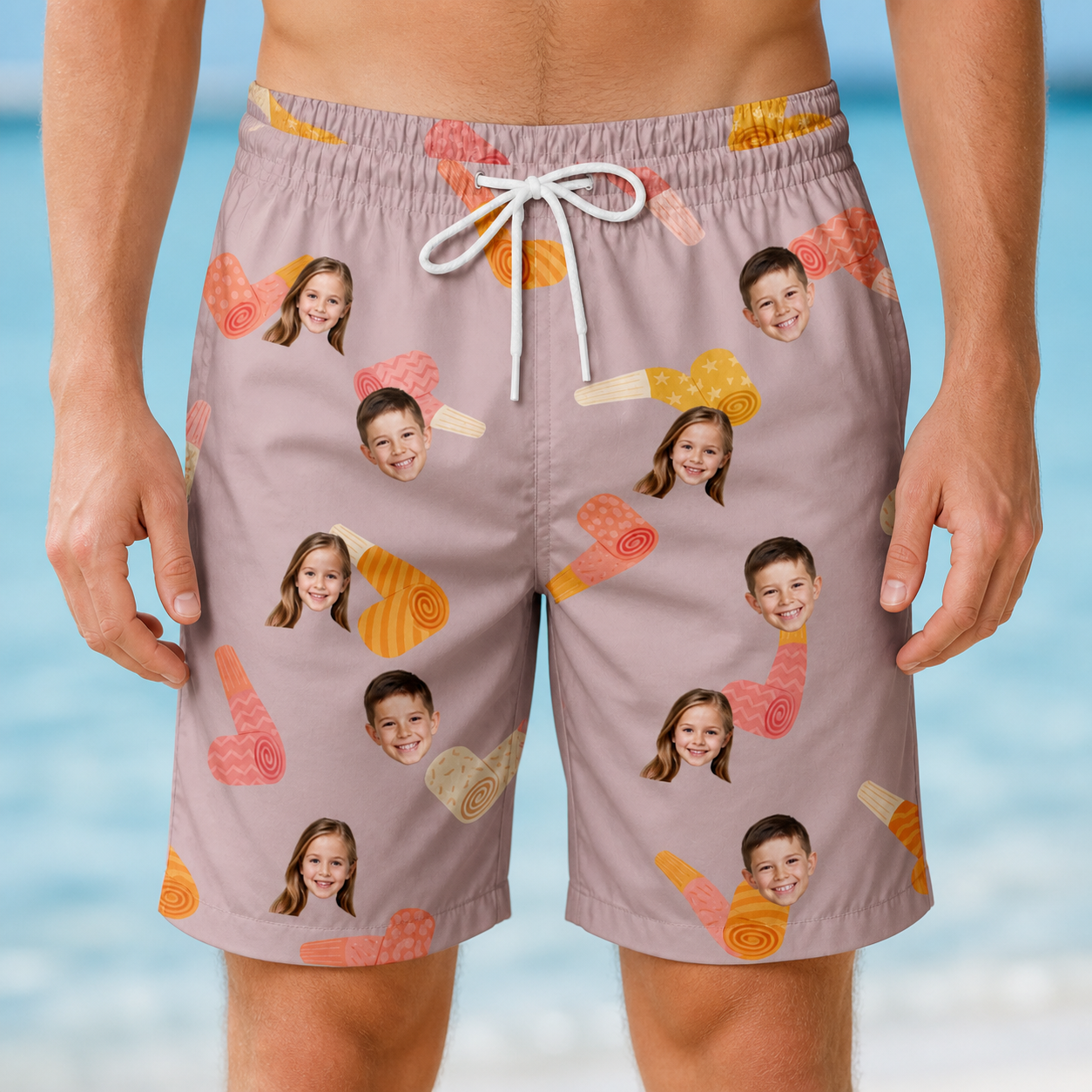 Model wearing Men's Toot Suite Custom Face Beach Shorts printed with kids' faces