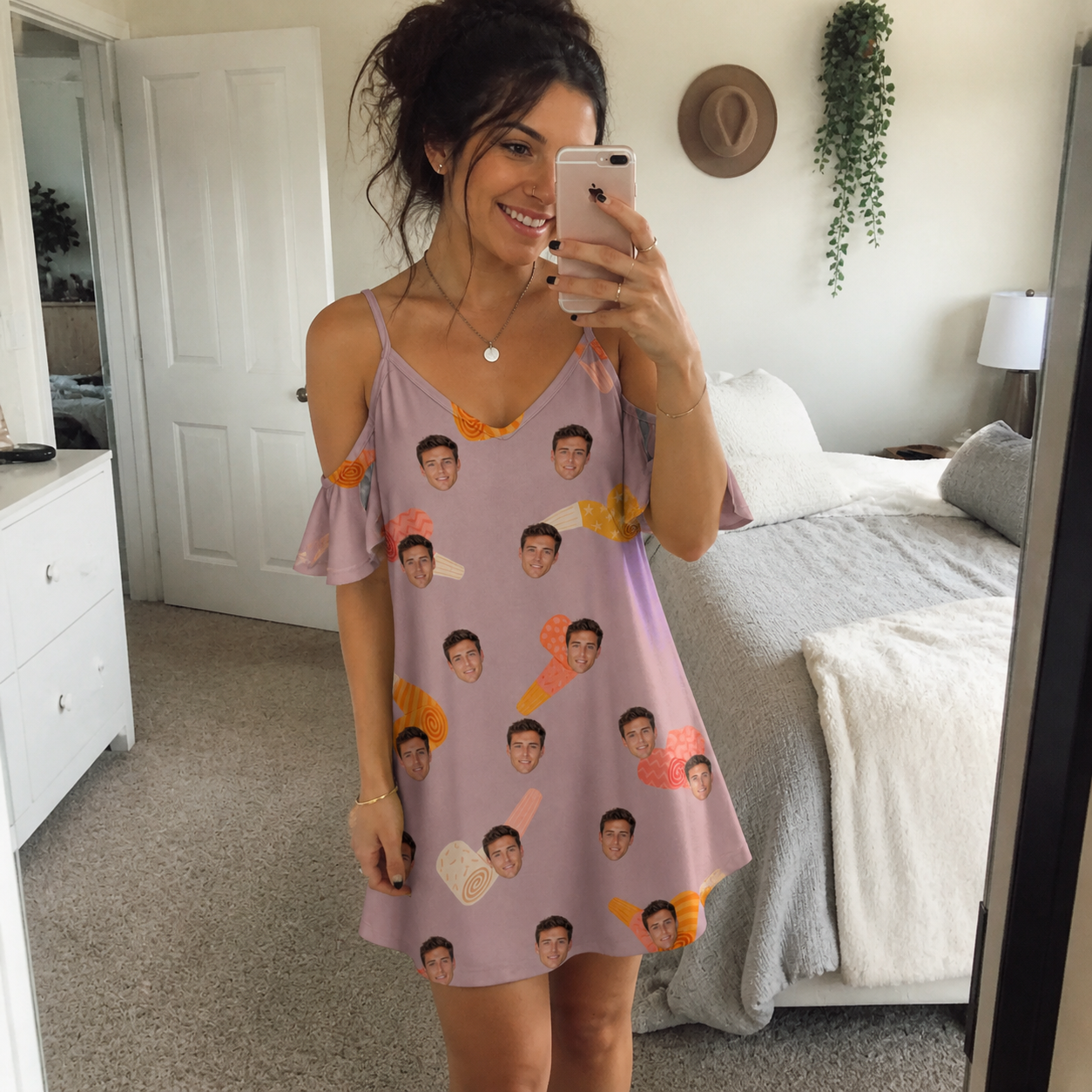 Real-life photo of someone wearing Women's Toot Suite Custom Face Off-Shoulder Dress — custom faces printed all-over