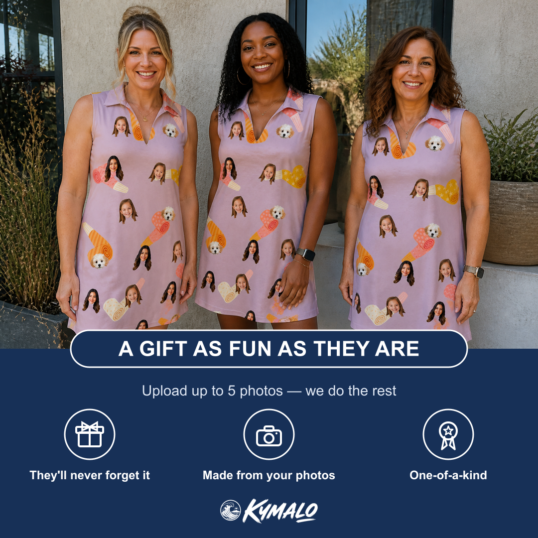 Friends in matching Women's Toot Suite Custom Face V-Neck Dress — a group gift photo