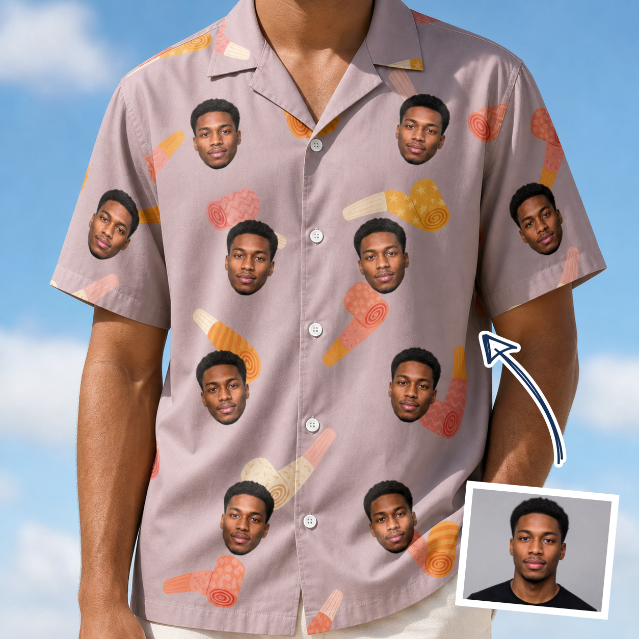 Man wearing Men's Toot Suite Custom Face Hawaiian Shirt — custom faces printed all-over