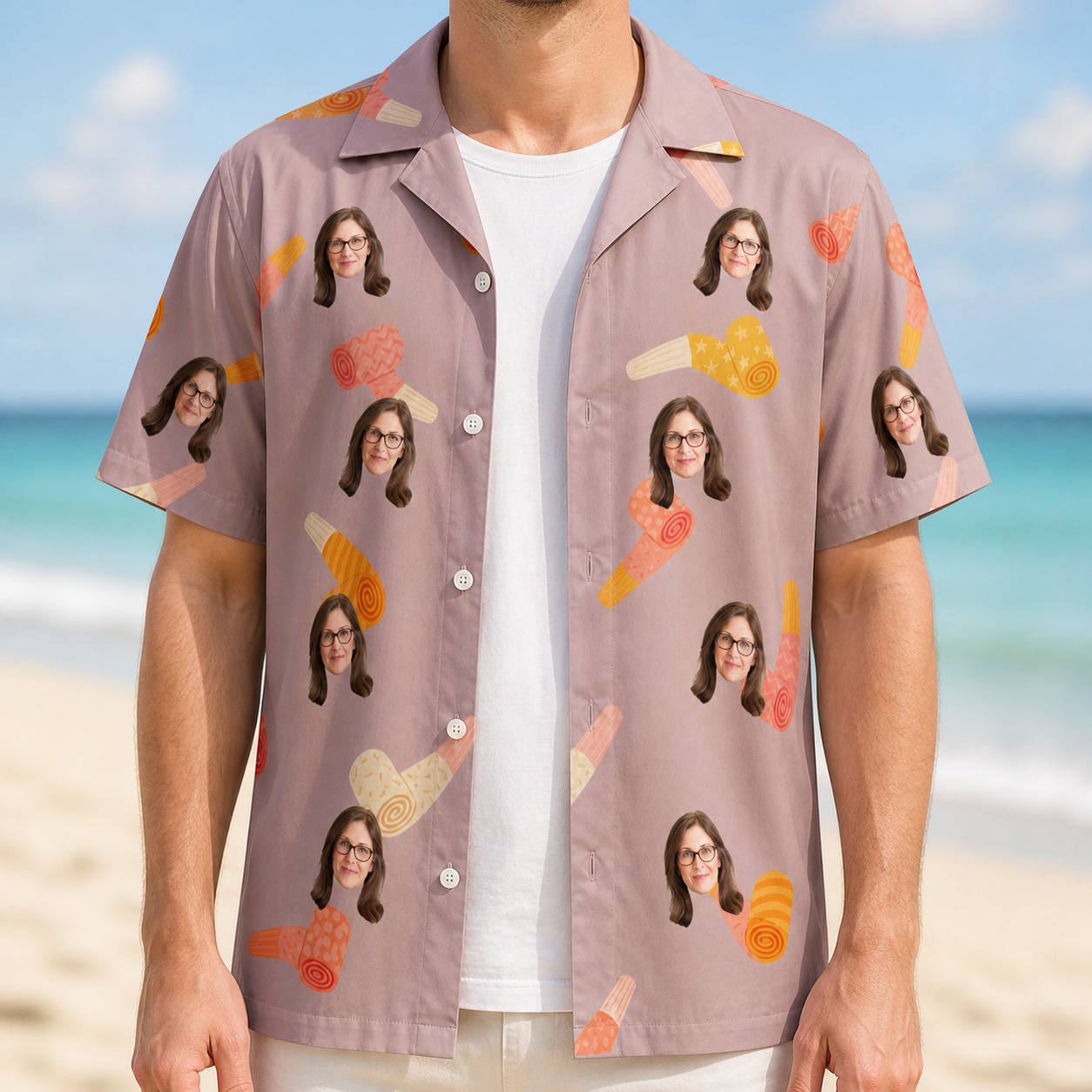 Man wearing Men's Toot Suite Custom Face Hawaiian Shirt open over a white tee
