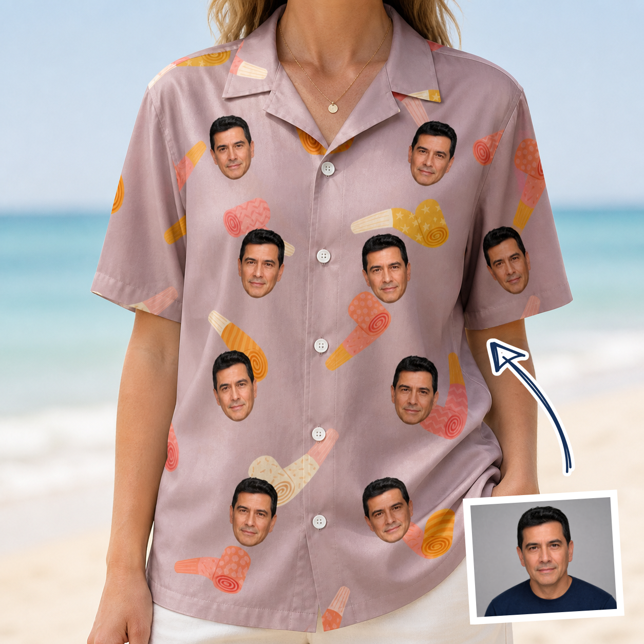 Woman wearing Women's Toot Suite Custom Face Hawaiian Shirt — custom faces printed all-over