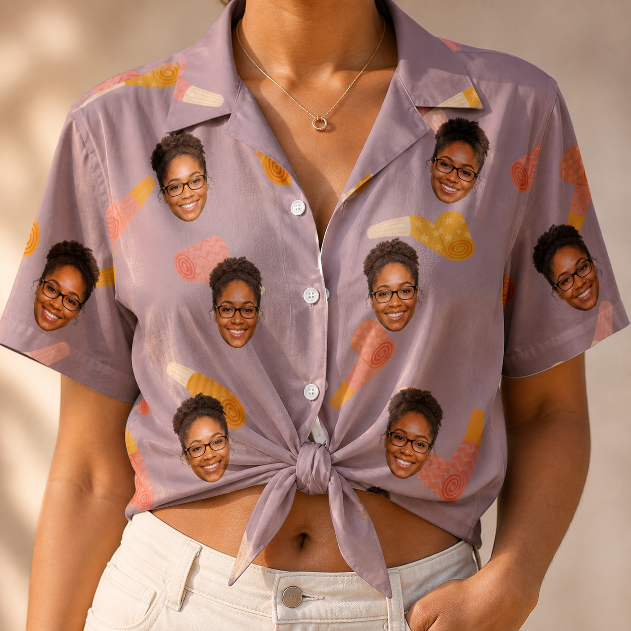 Woman wearing Women's Toot Suite Custom Face Hawaiian Shirt tied at the waist