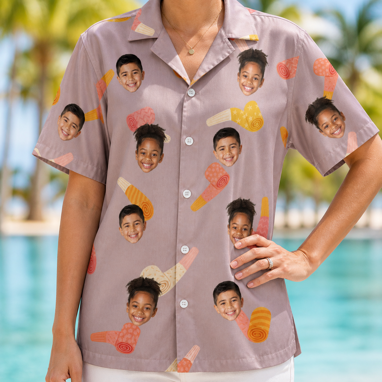 Model wearing Women's Toot Suite Custom Face Hawaiian Shirt printed with kids' faces