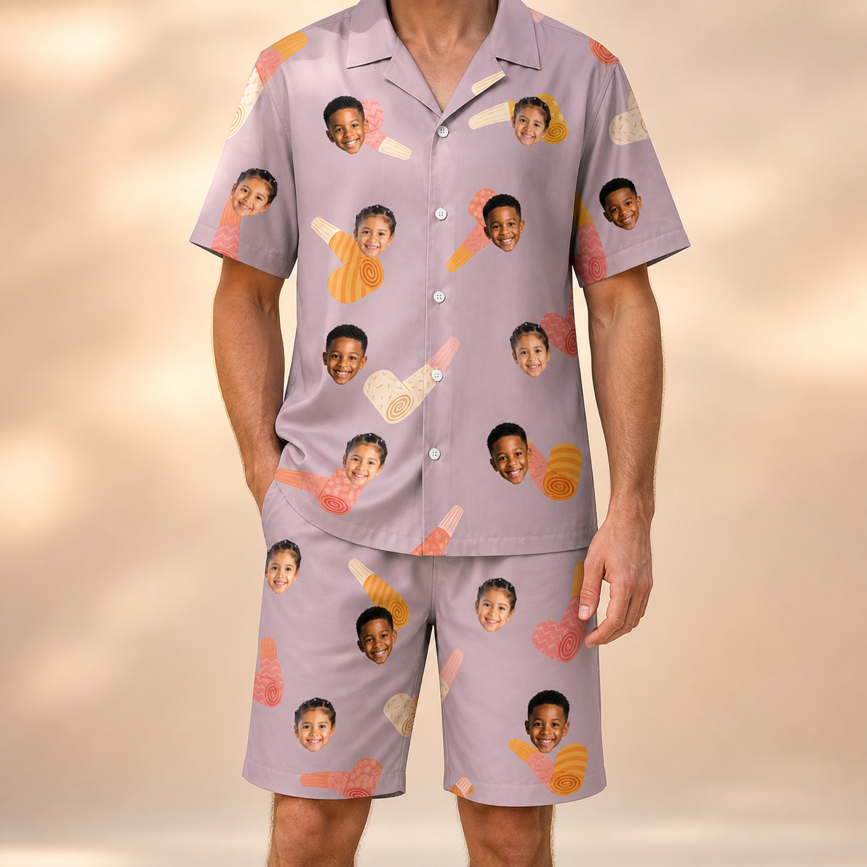 Model wearing Men's Toot Suite Custom Face Shirt & Shorts Set printed with kids' faces