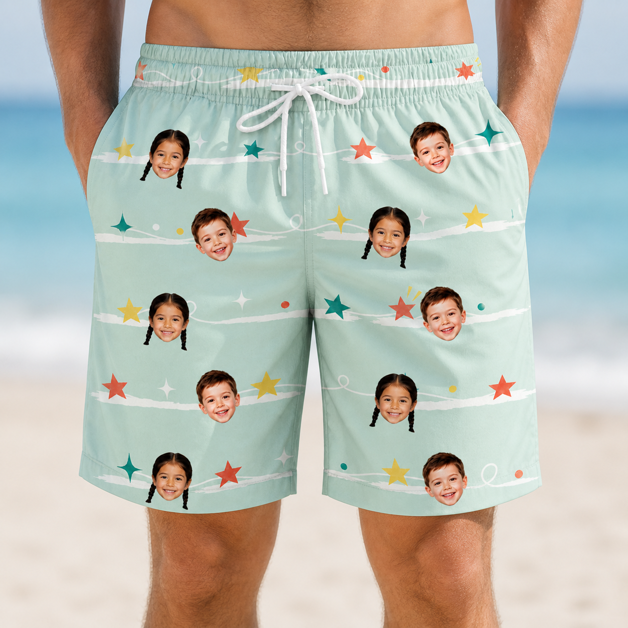 Model wearing Men's Birthday Bling Custom Face Beach Shorts printed with kids' faces