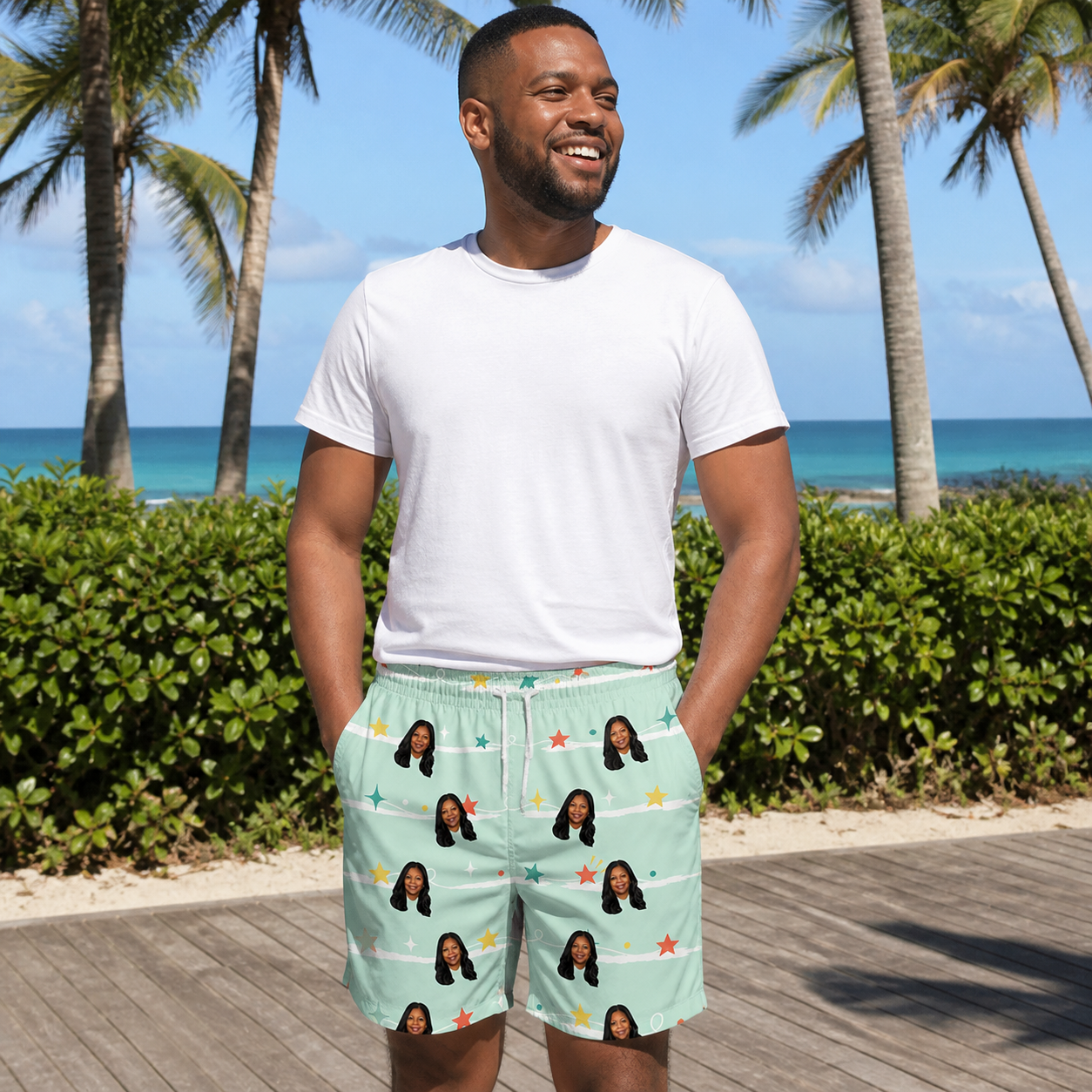 Real-life photo of someone wearing Men's Birthday Bling Custom Face Beach Shorts — custom faces printed all-over