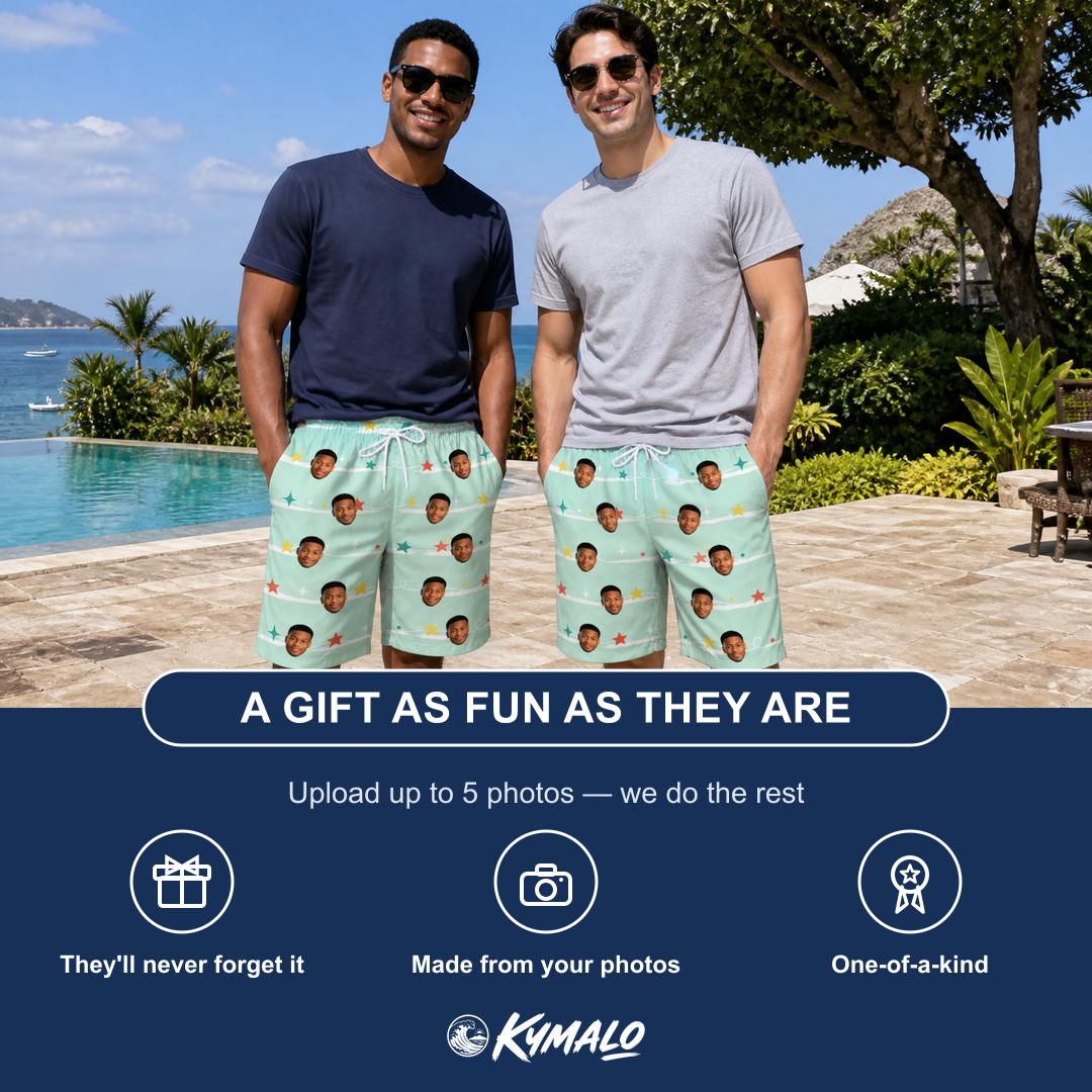 Friends in matching Men's Birthday Bling Custom Face Beach Shorts — a group gift photo