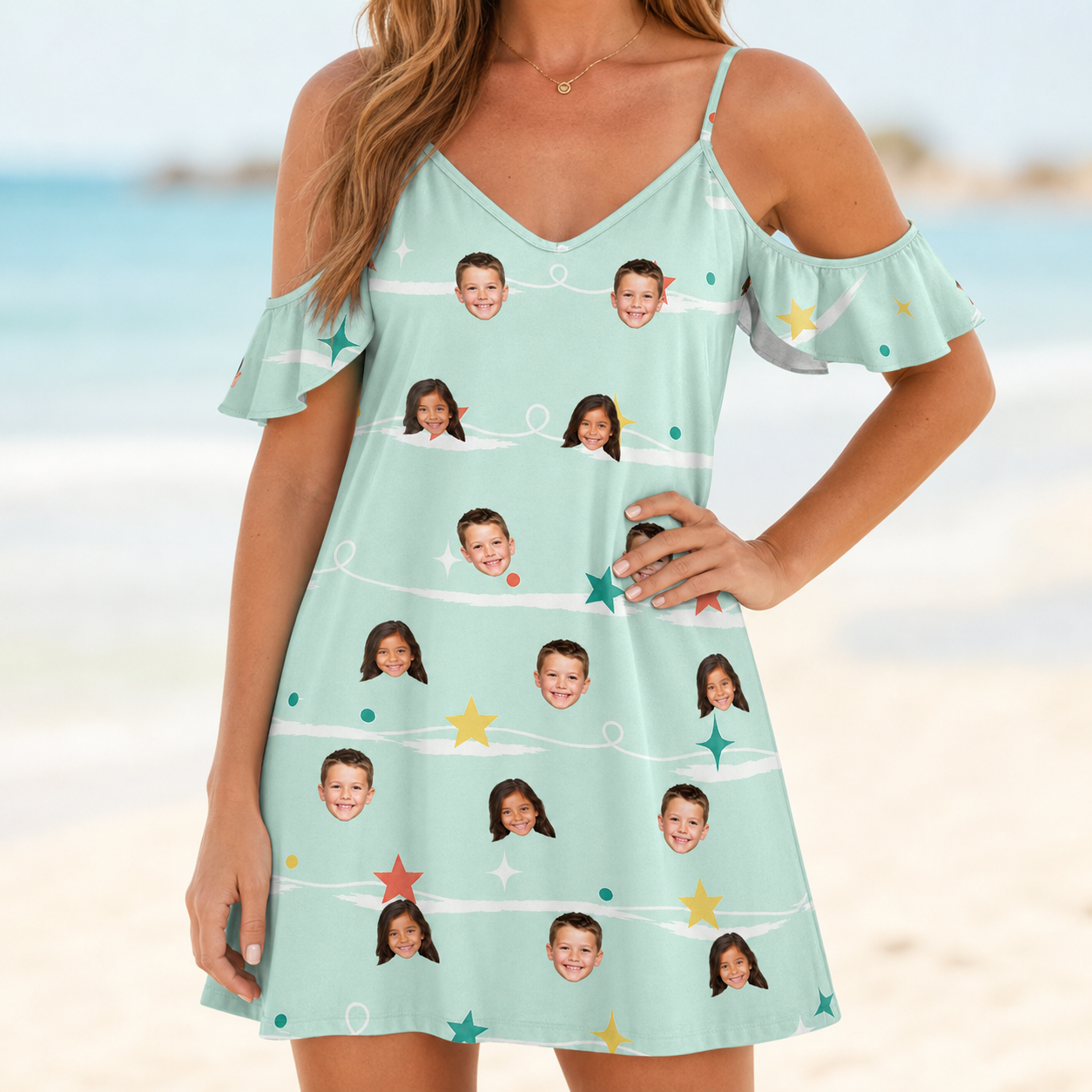 Model wearing Women's Birthday Bling Custom Face Off-Shoulder Dress printed with kids' faces