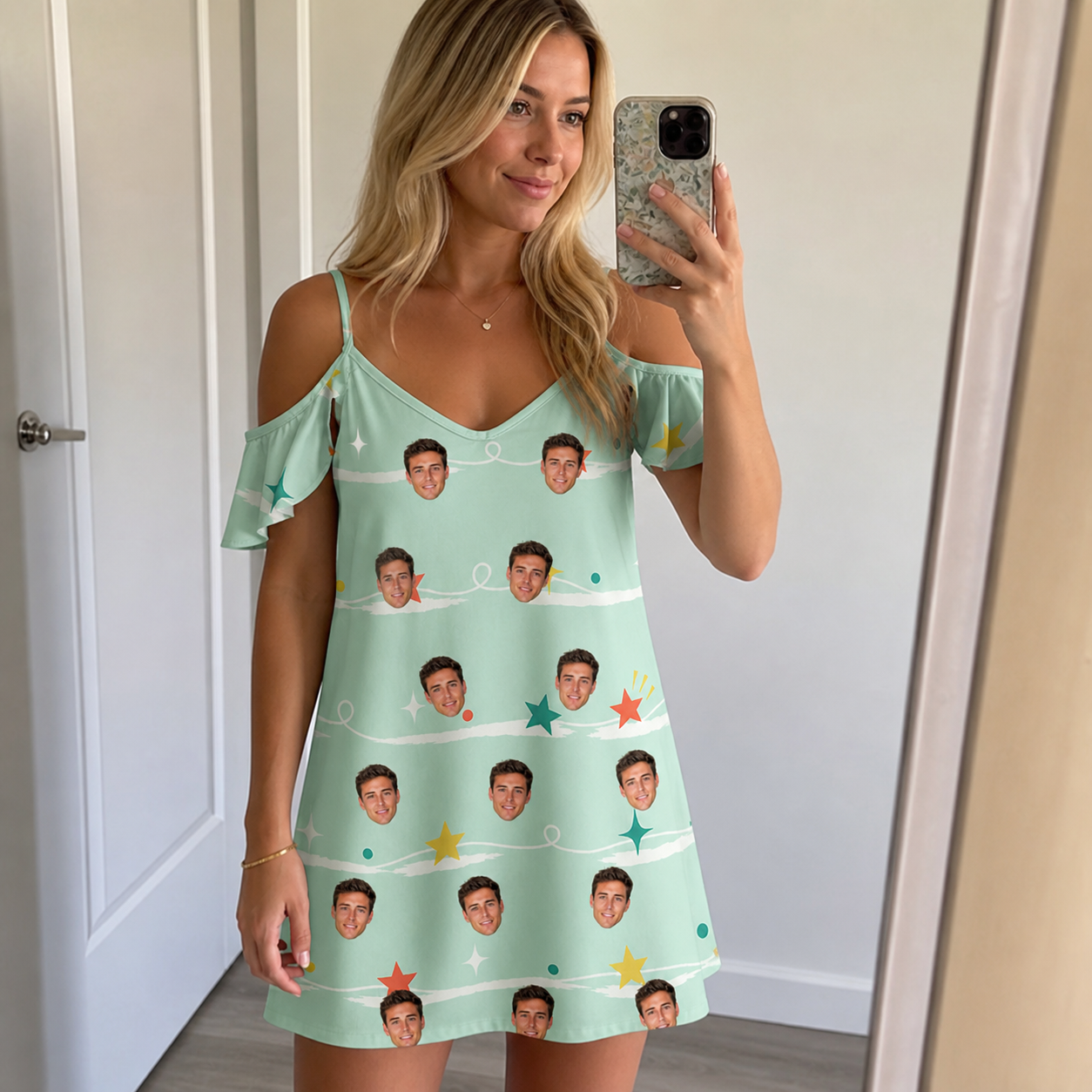 Real-life photo of someone wearing Women's Birthday Bling Custom Face Off-Shoulder Dress — custom faces printed all-over