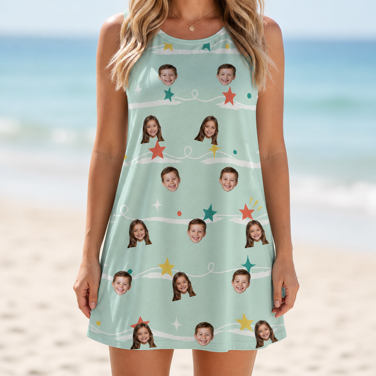 Model wearing Women's Birthday Bling Custom Face Tank Dress printed with kids' faces