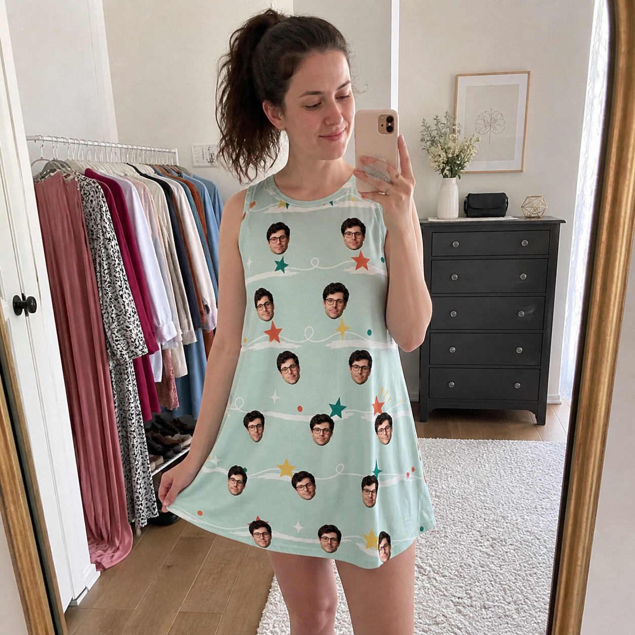 Real-life photo of someone wearing Women's Birthday Bling Custom Face Tank Dress — custom faces printed all-over