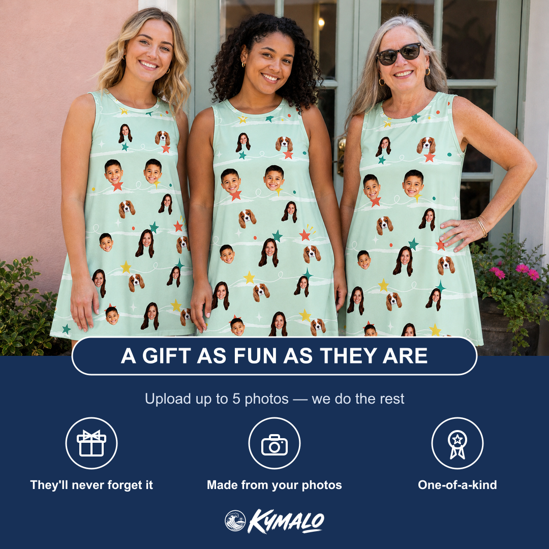 Friends in matching Women's Birthday Bling Custom Face Tank Dress — a group gift photo