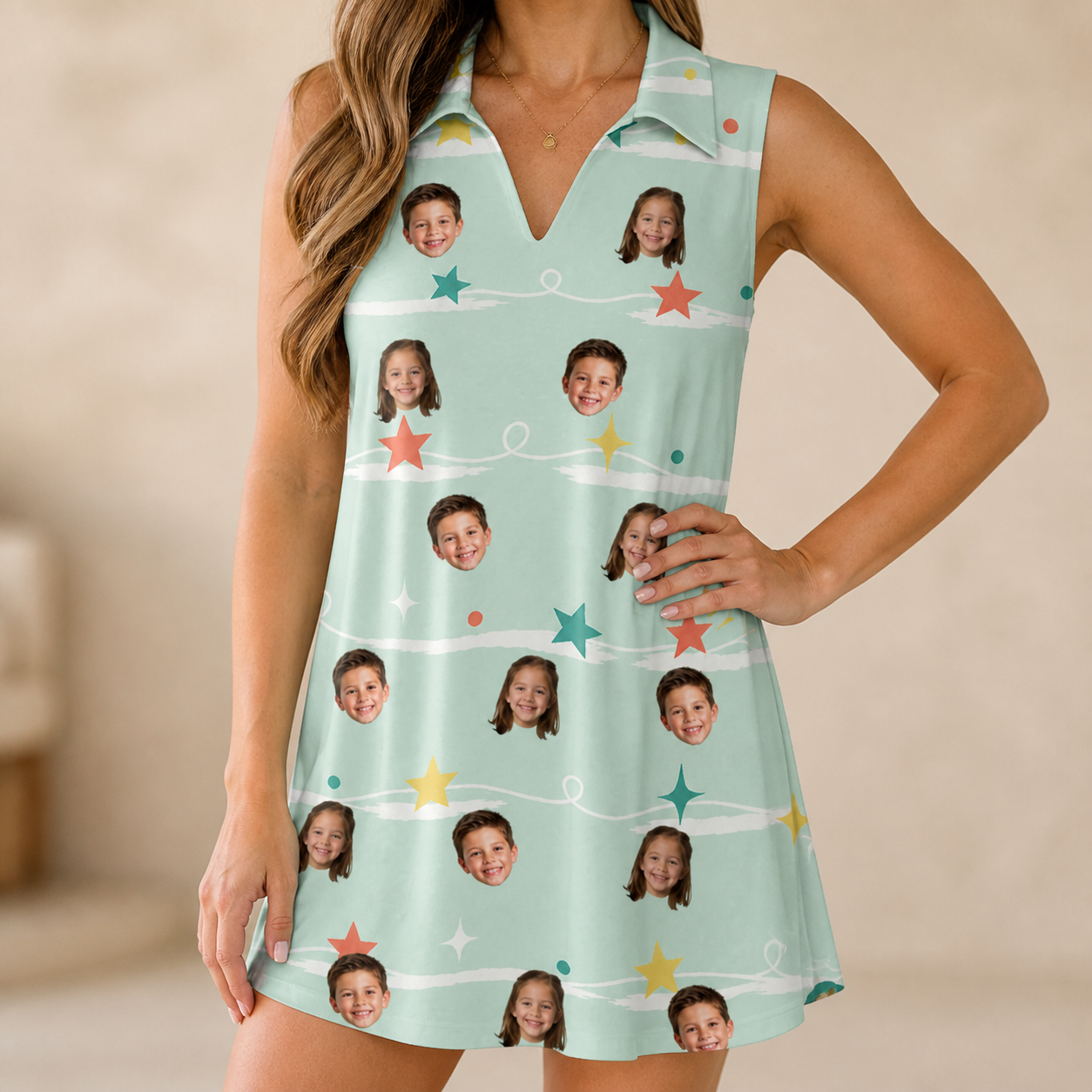 Model wearing Women's Birthday Bling Custom Face V-Neck Dress printed with kids' faces