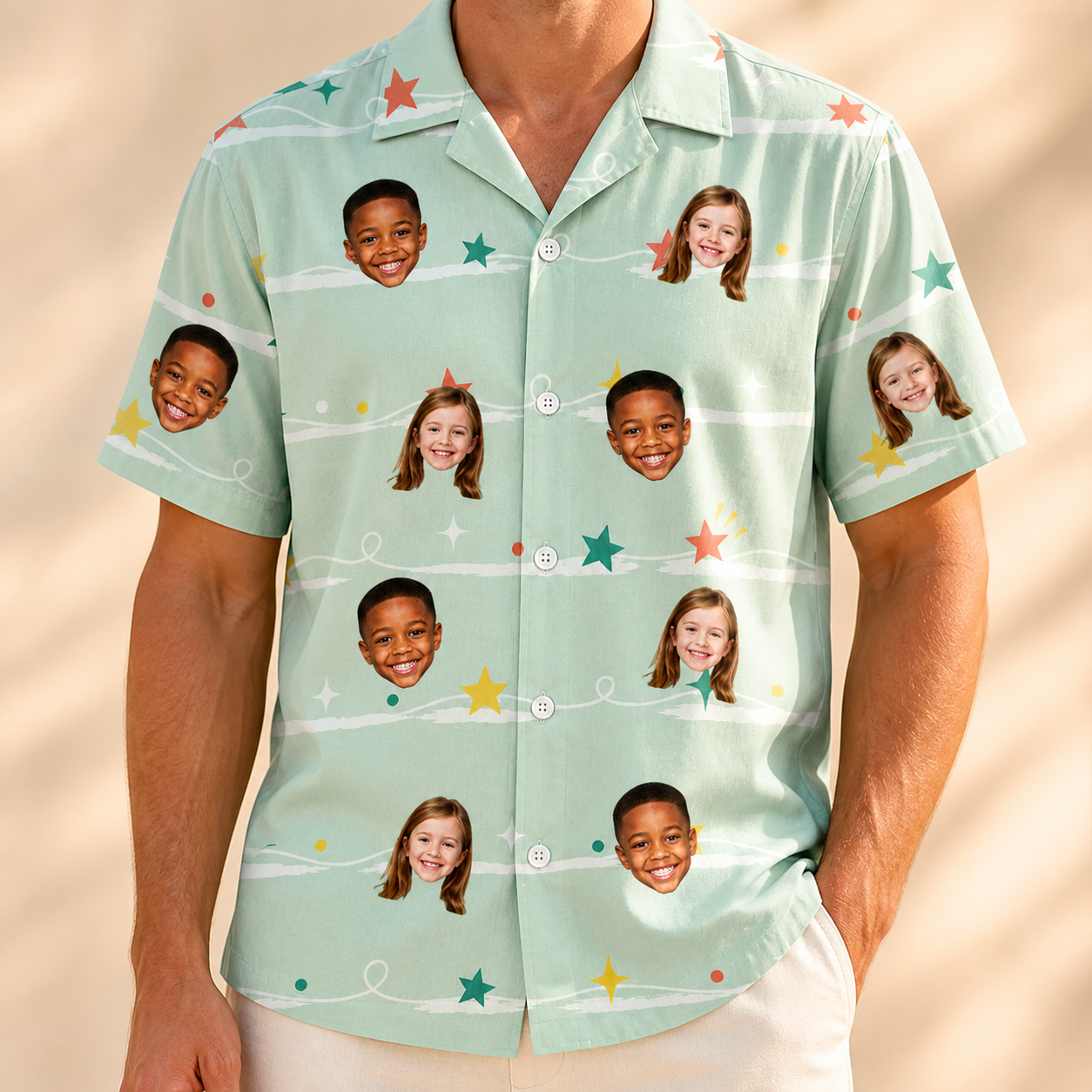 Model wearing Men's Birthday Bling Custom Face Hawaiian Shirt printed with kids' faces