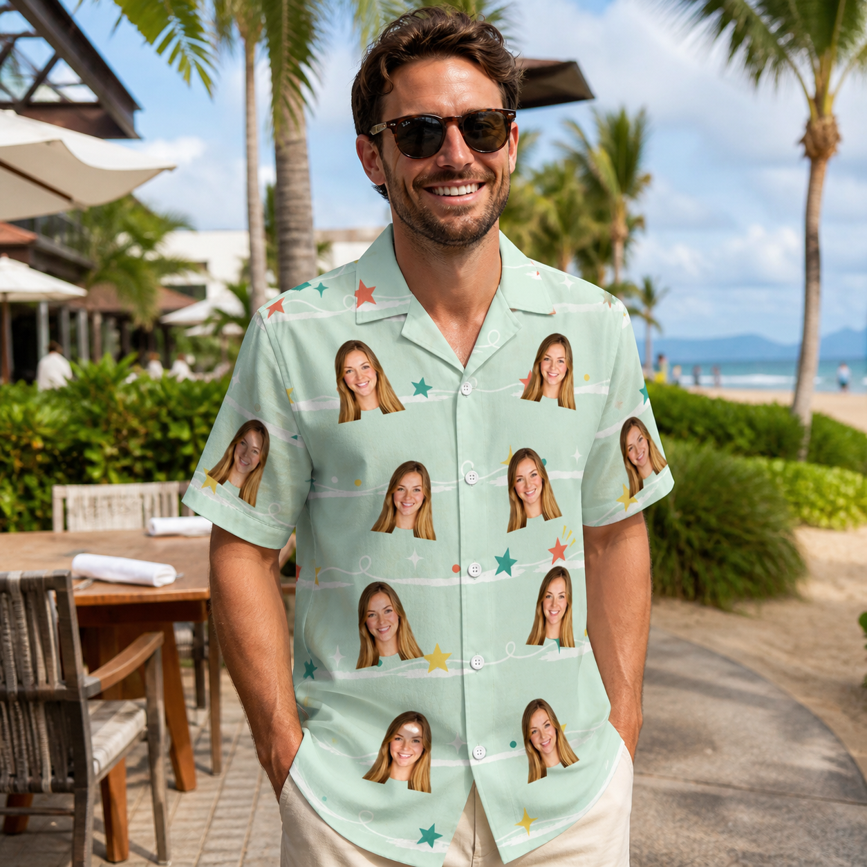 Real-life photo of someone wearing Men's Birthday Bling Custom Face Hawaiian Shirt — custom faces printed all-over