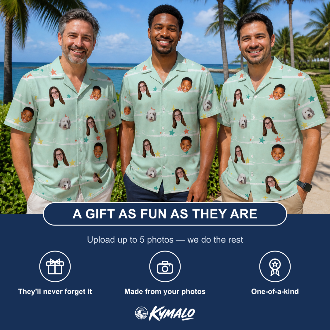 Friends in matching Men's Birthday Bling Custom Face Hawaiian Shirt — a group gift photo