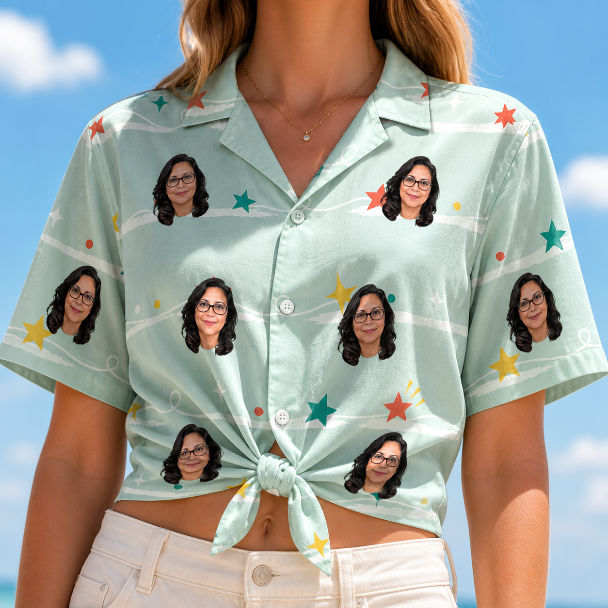 Woman wearing Women's Birthday Bling Custom Face Hawaiian Shirt tied at the waist