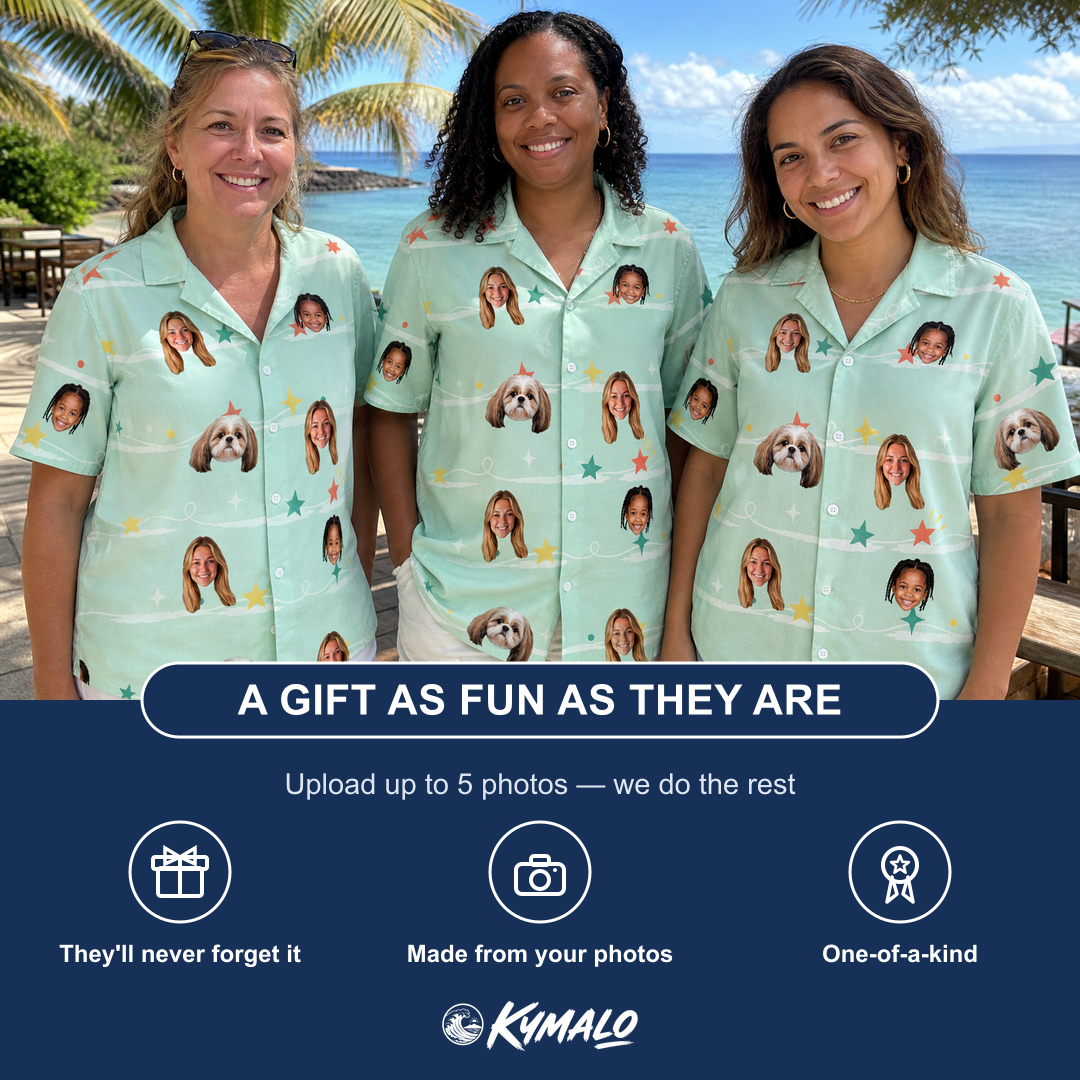Friends in matching Women's Birthday Bling Custom Face Hawaiian Shirt — a group gift photo