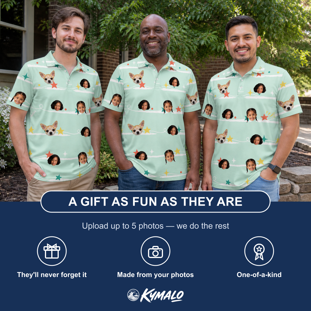 Friends in matching Men's Birthday Bling Custom Face Polo Shirt — a group gift photo
