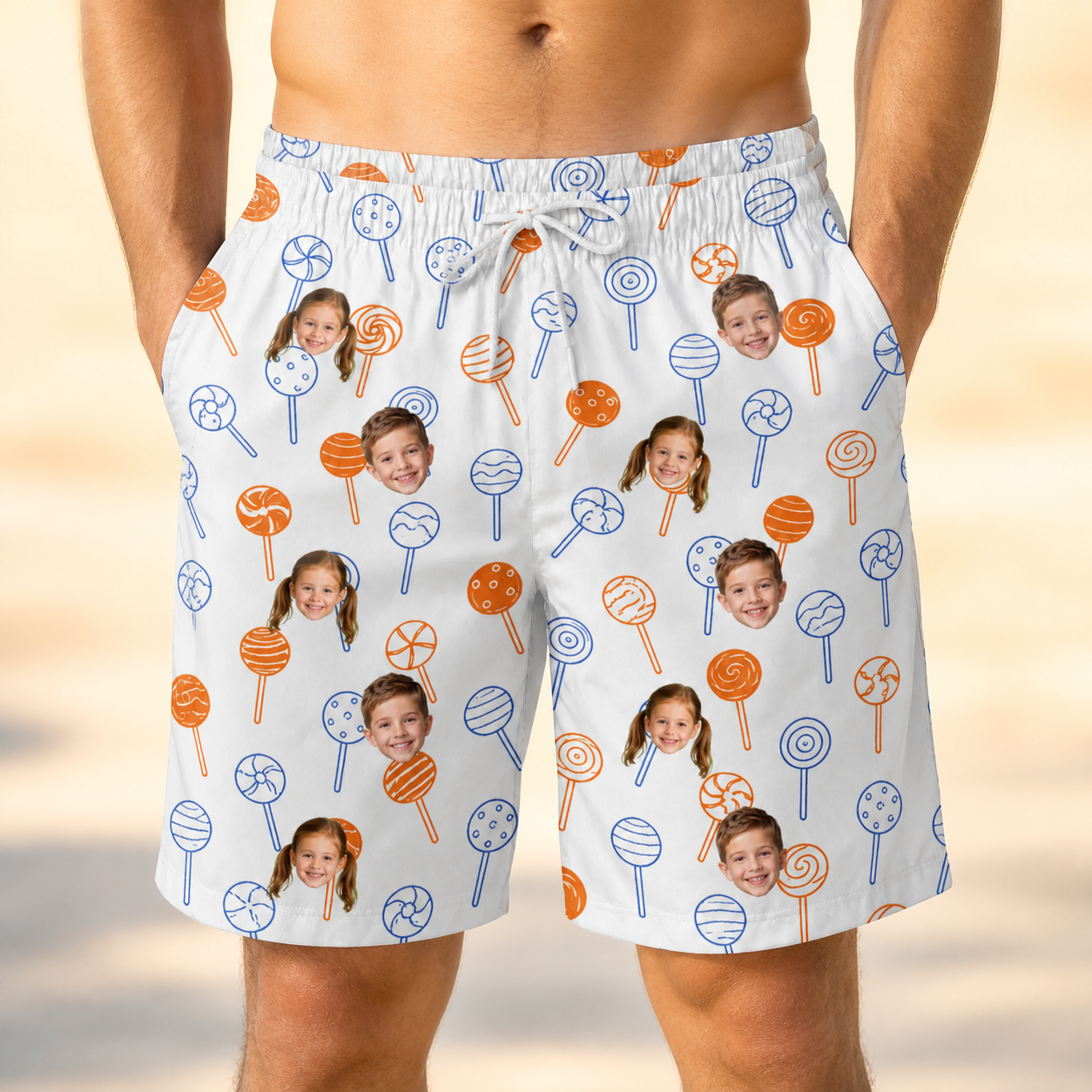 Model wearing Men's Taffy Twirl Custom Face Beach Shorts printed with kids' faces