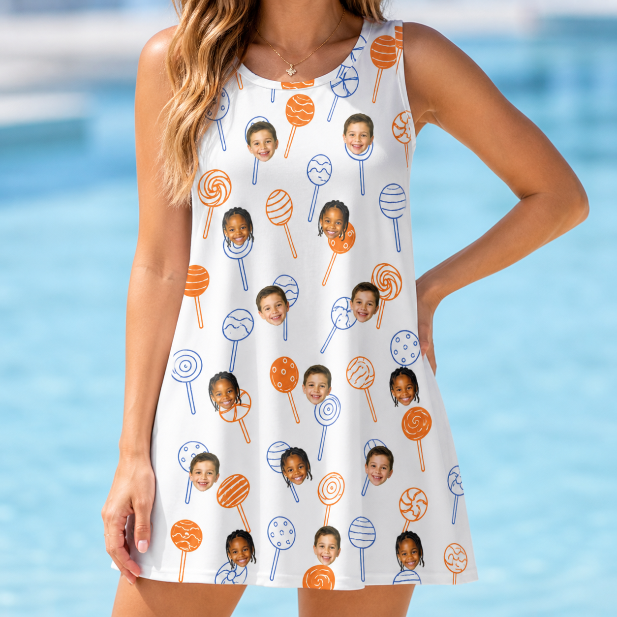 Model wearing Women's Taffy Twirl Custom Face Tank Dress printed with kids' faces