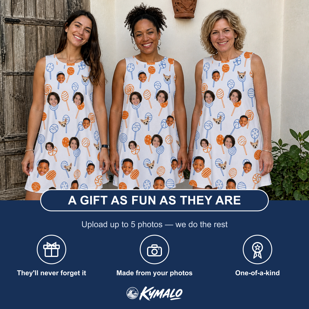 Friends in matching Women's Taffy Twirl Custom Face Tank Dress — a group gift photo