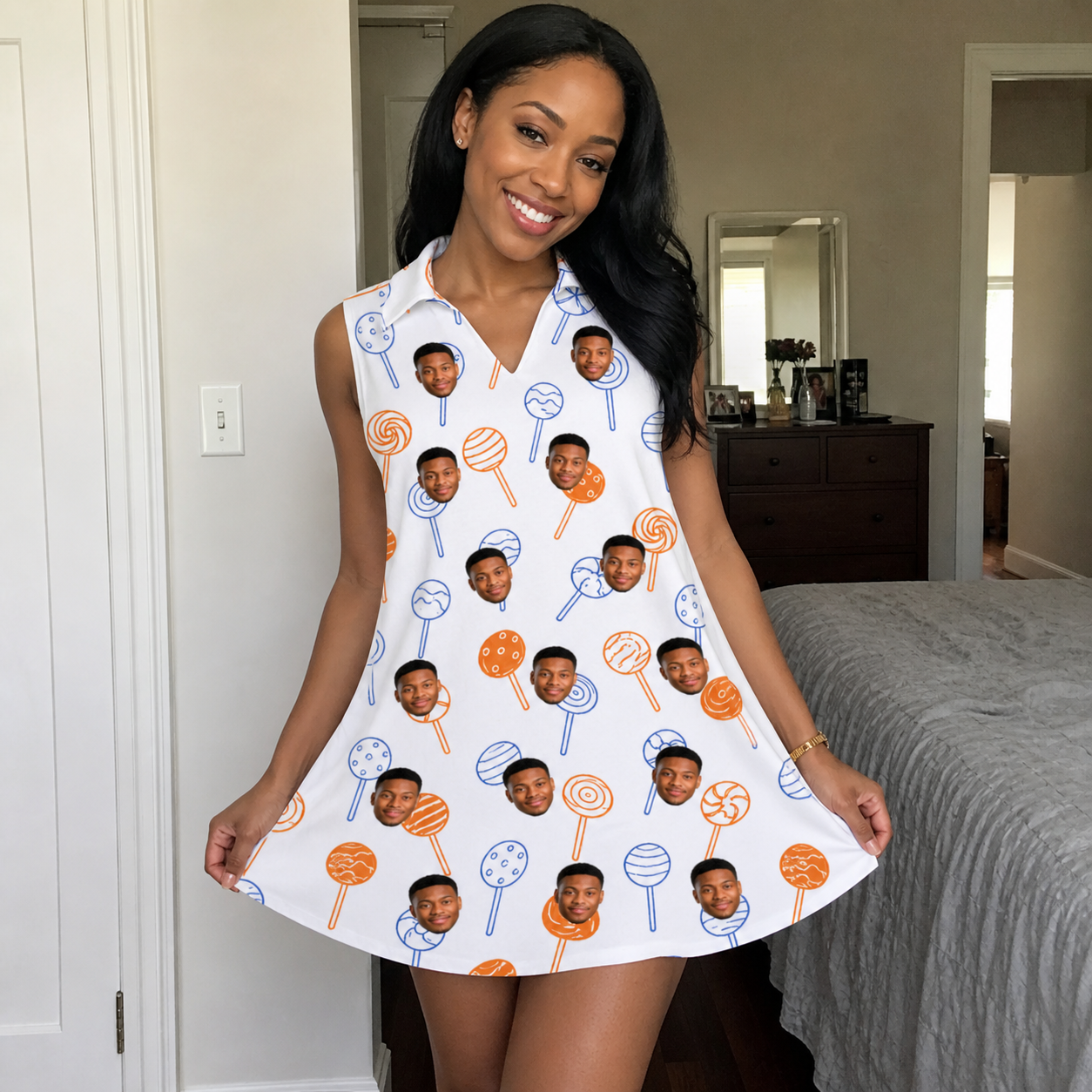 Real-life photo of someone wearing Women's Taffy Twirl Custom Face V-Neck Dress — custom faces printed all-over